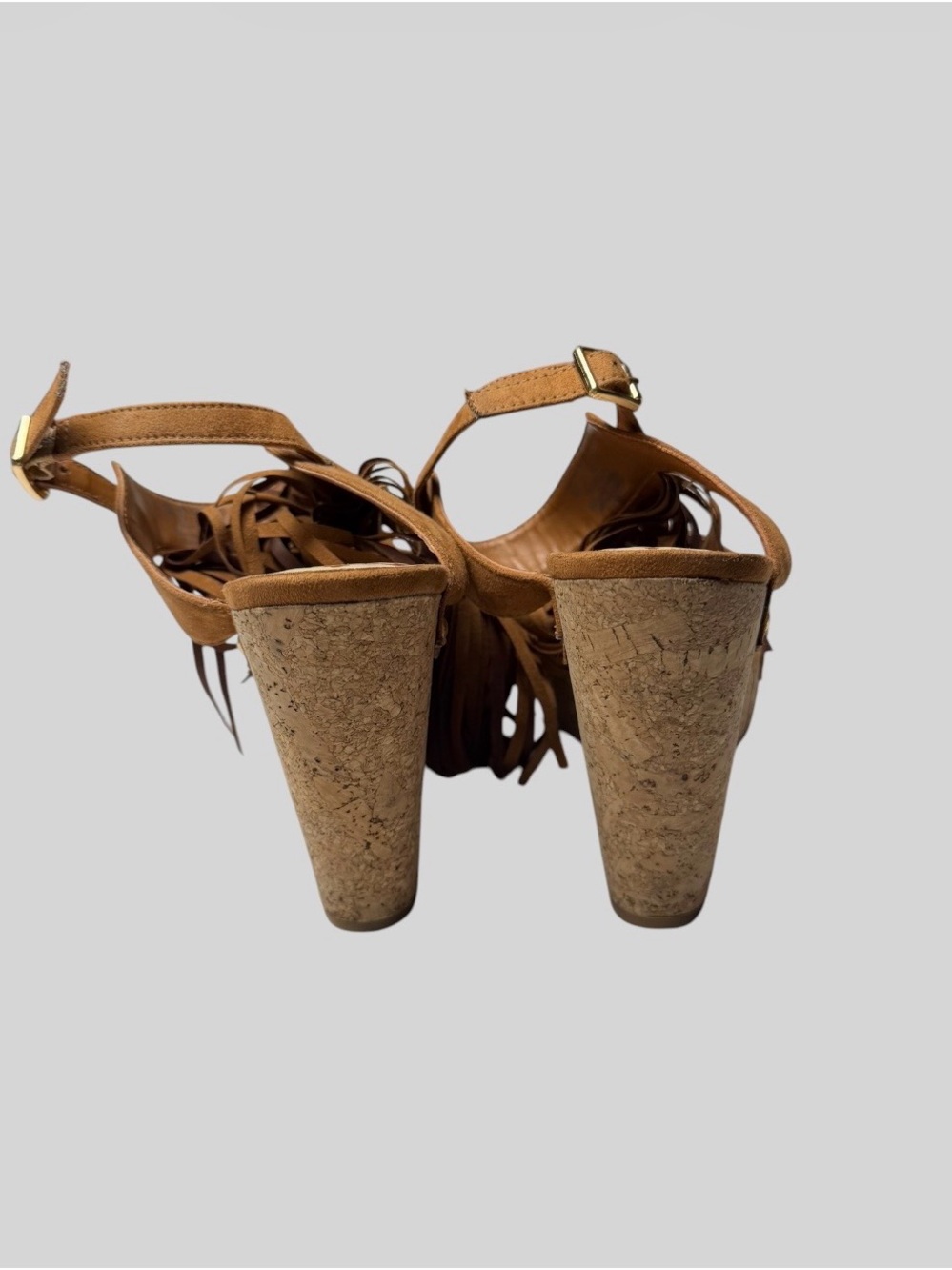 Fergalicious Tan Suede Fringe Cork Wedge Sandals - Picture 5 of 6